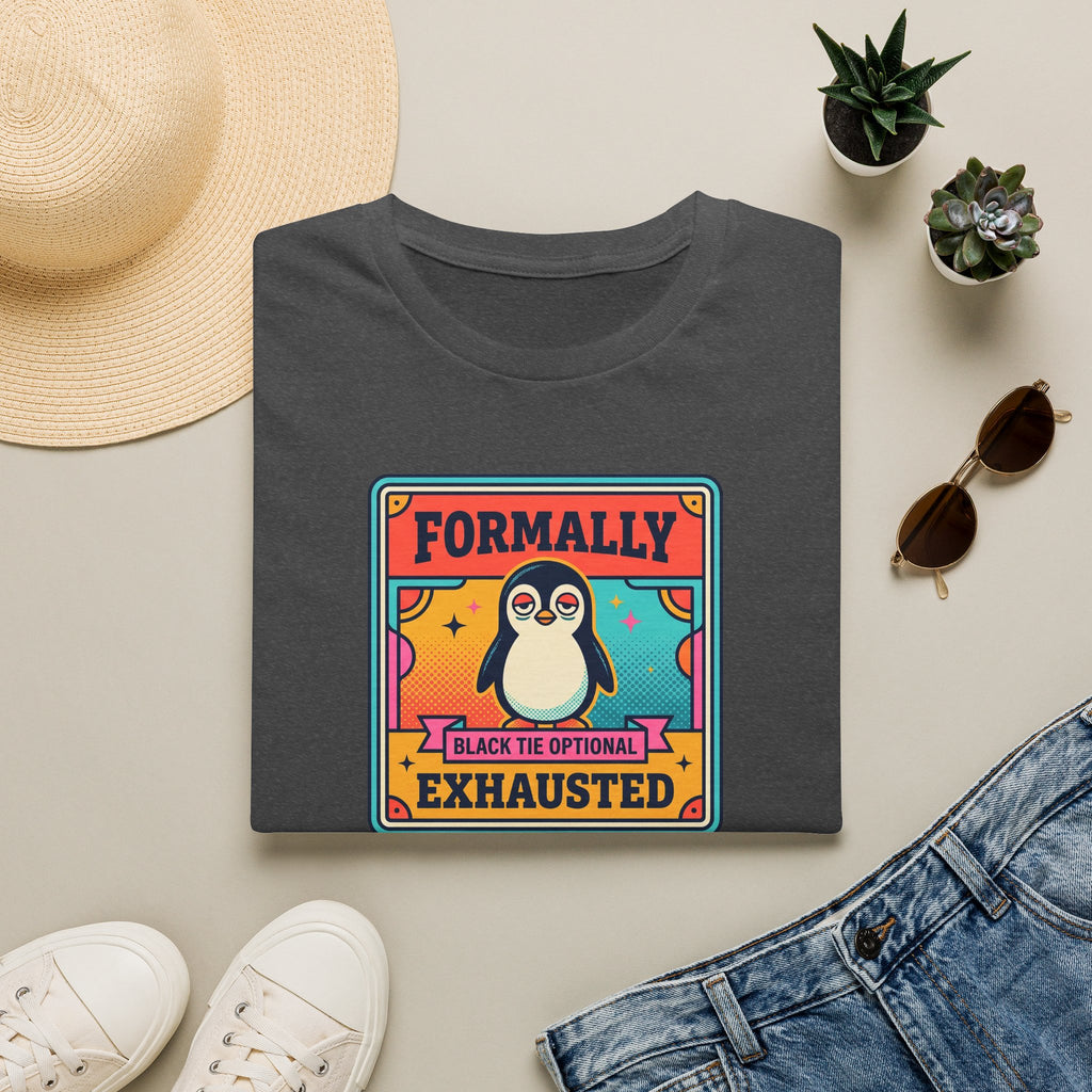 Funny Penguin T-Shirt | Formally Exhausted Black Tie Optional Retro Graphic Tee | Penguin Gift