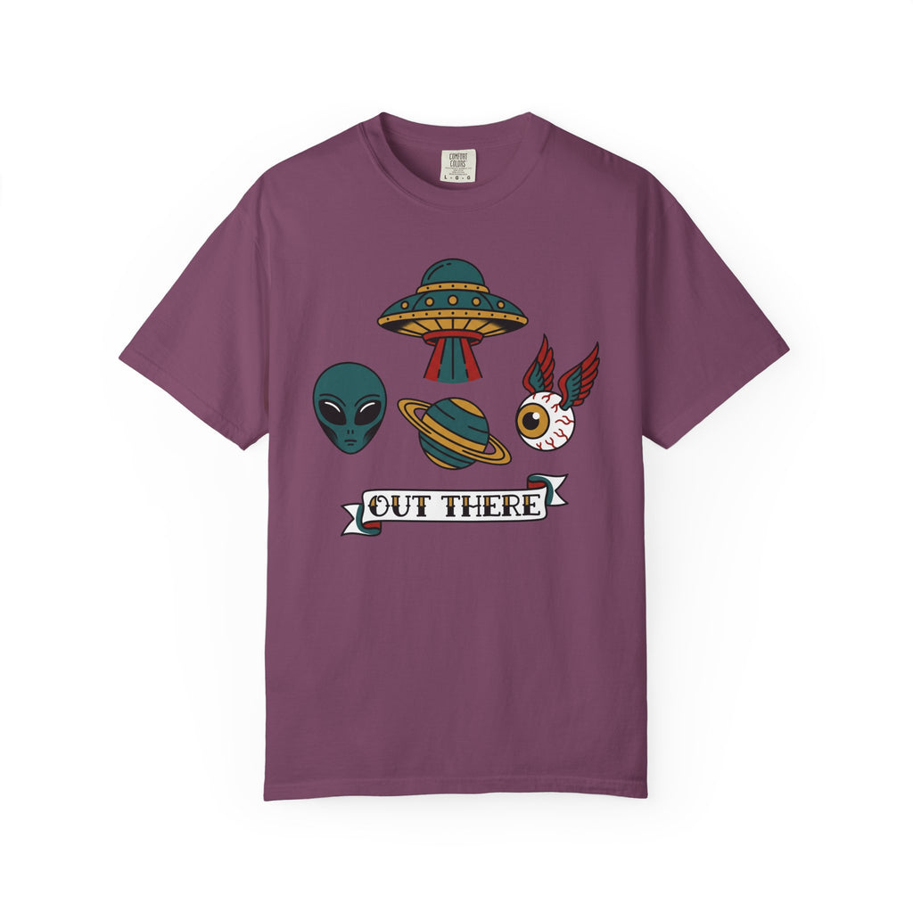 Purple crewneck T-shirt with alien, UFO, and colorful “Out There” chest graphic