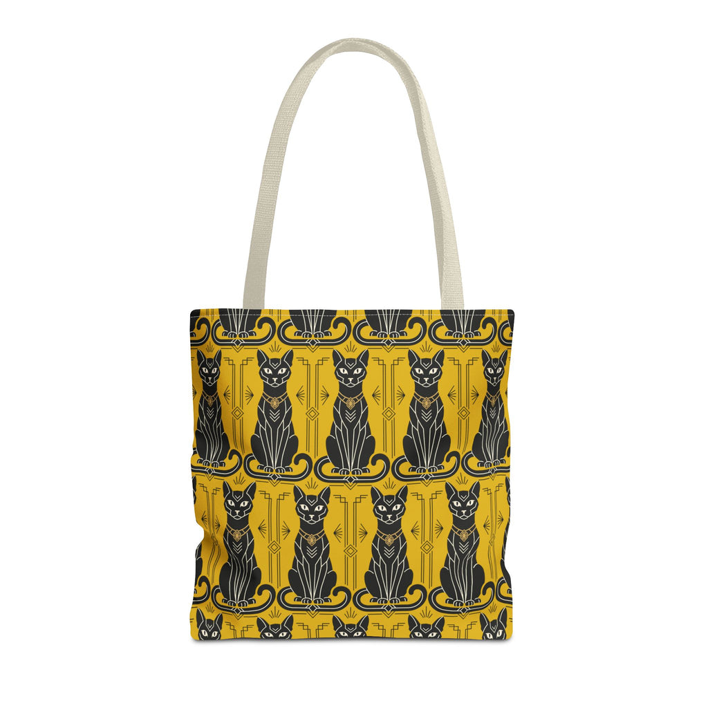 Yellow tote bag with black cat pattern and decorative border; beige shoulder straps