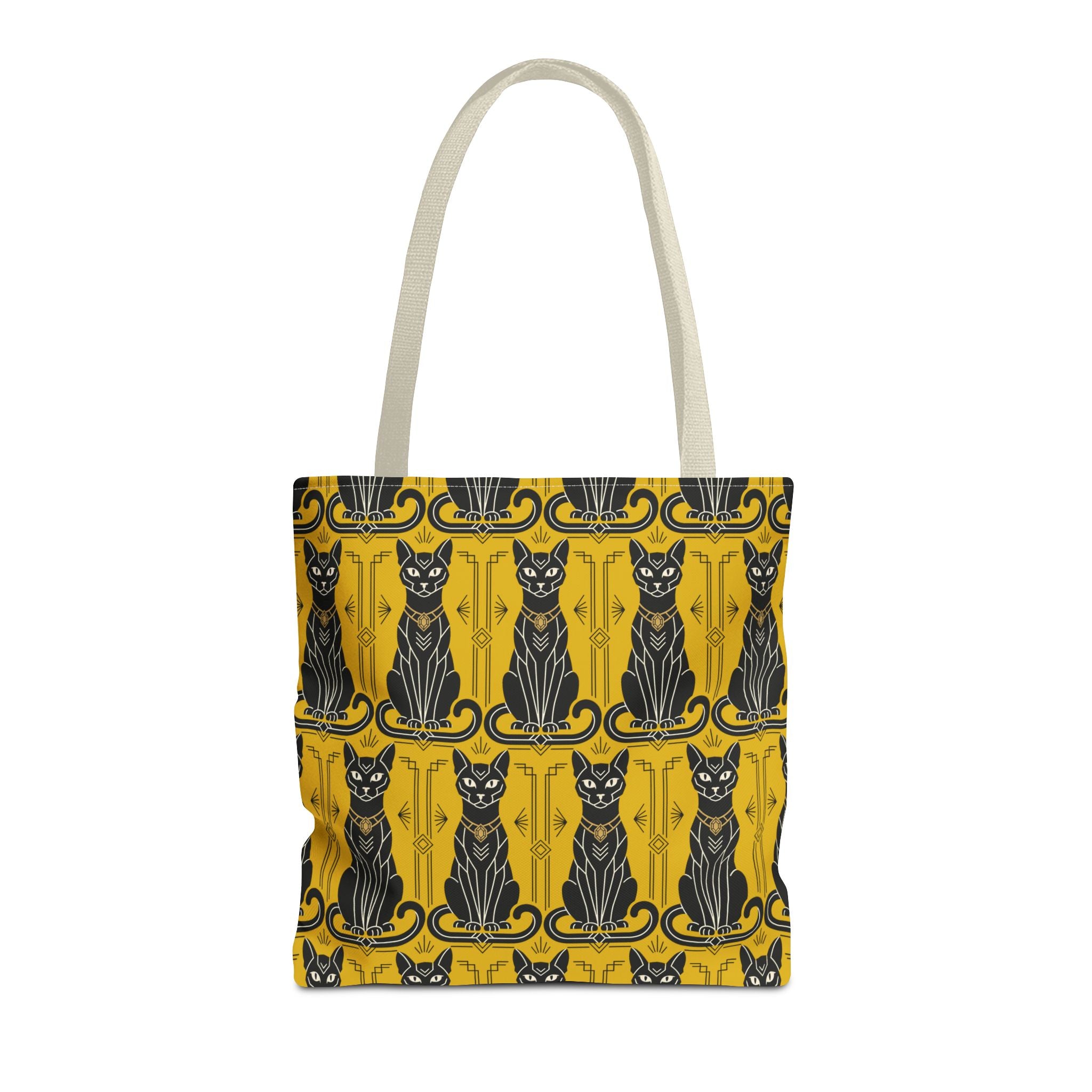 Yellow tote bag with black cat pattern and decorative border; beige shoulder straps