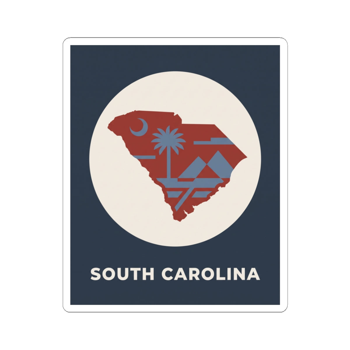 South Carolina map and palm tree sticker with “SOUTH CAROLINA” text on blue