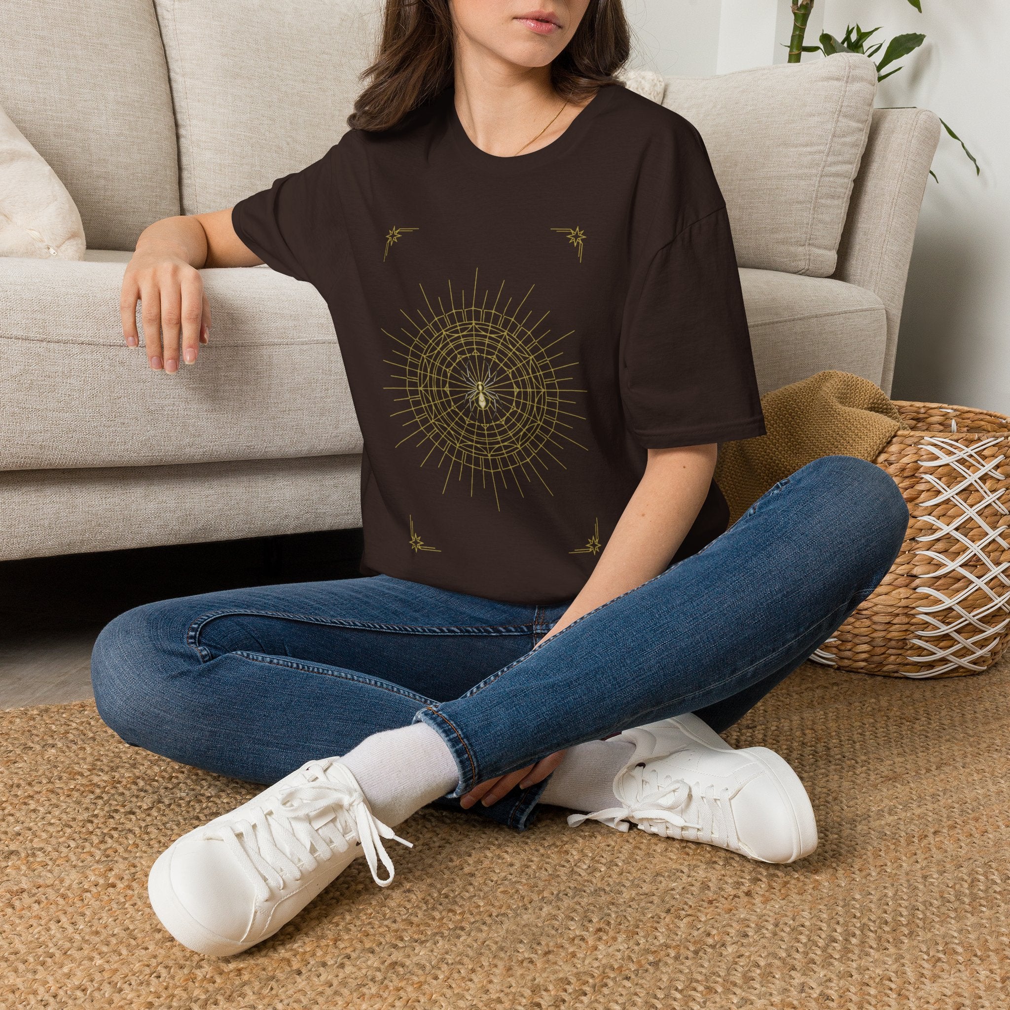 Dark brown spider mandala graphic T-shirt with short sleeves and crew neck