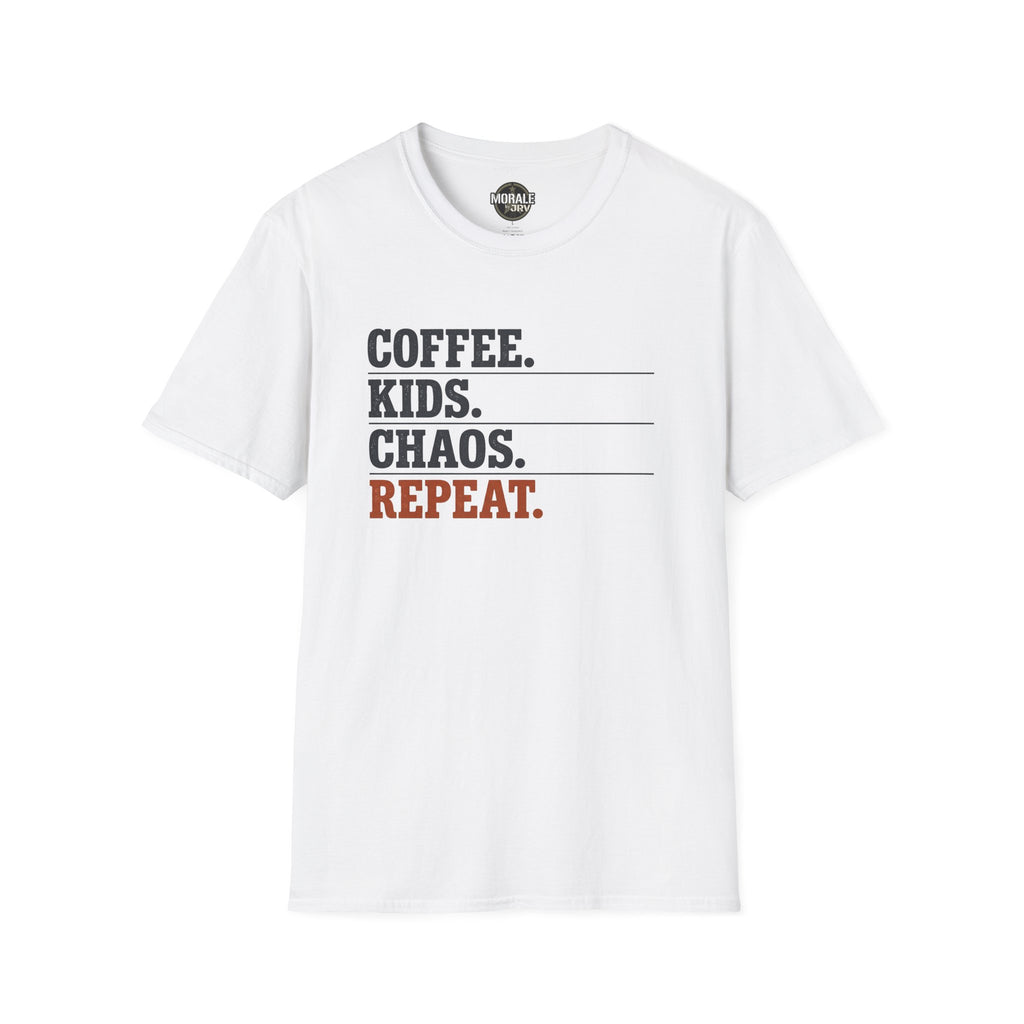 White T-shirt with “COFFEE. KIDS. CHAOS. REPEAT.” graphic print