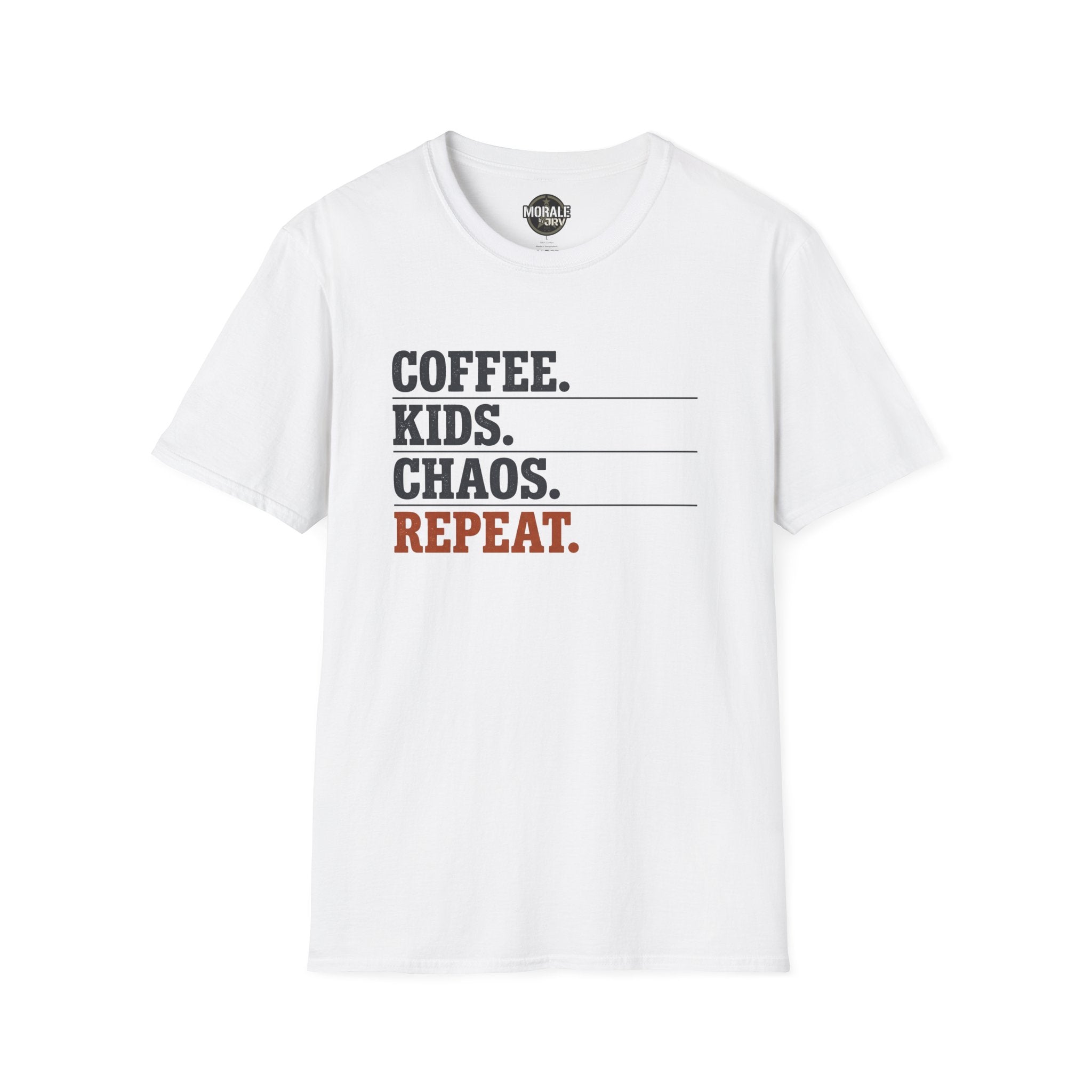 White T-shirt with “COFFEE. KIDS. CHAOS. REPEAT.” graphic print
