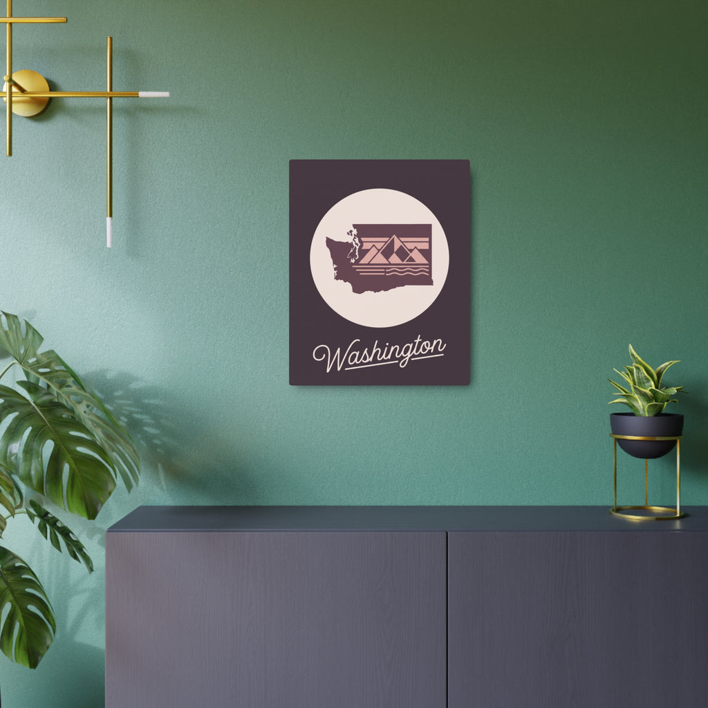 Square mauve metal wall sign with Washington state silhouette, cream round emblem, and script