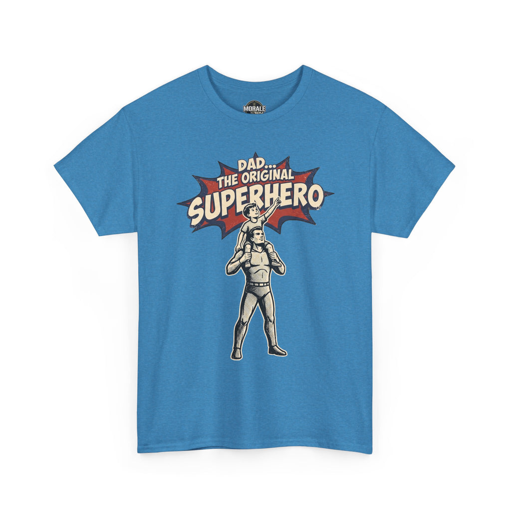 Blue crew-neck T-shirt with superhero dad comic graphic on the front.