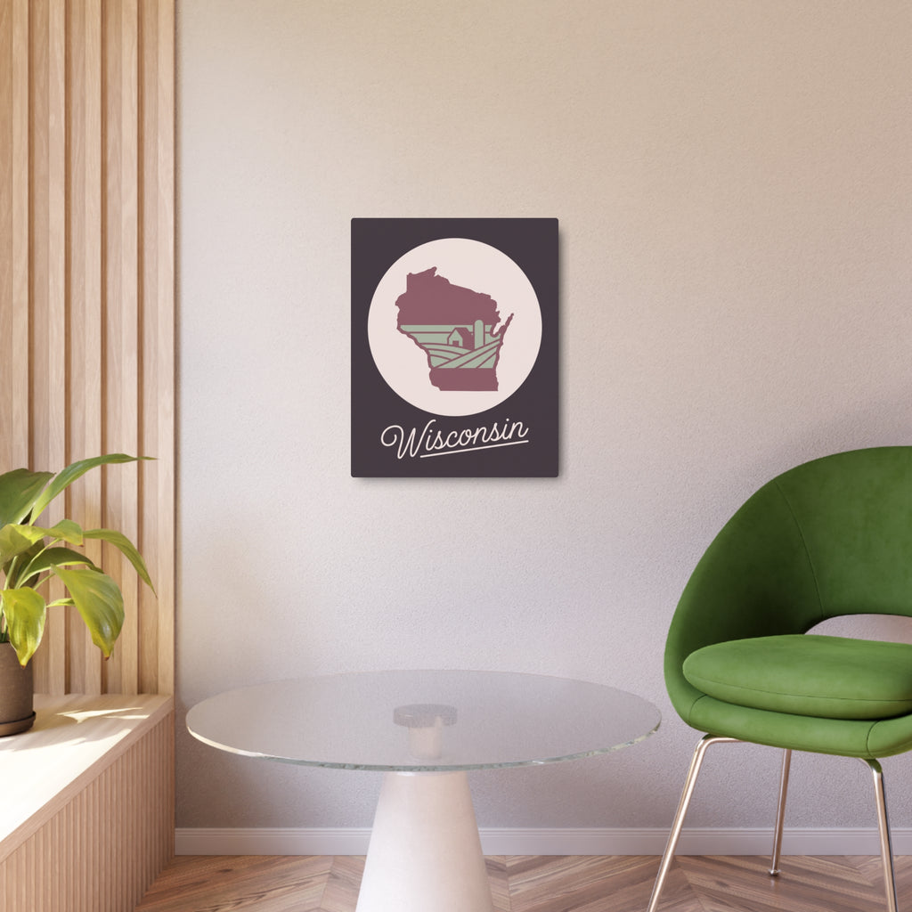 Maroon Wisconsin state silhouette metal wall art sign on wall with circular badge and script