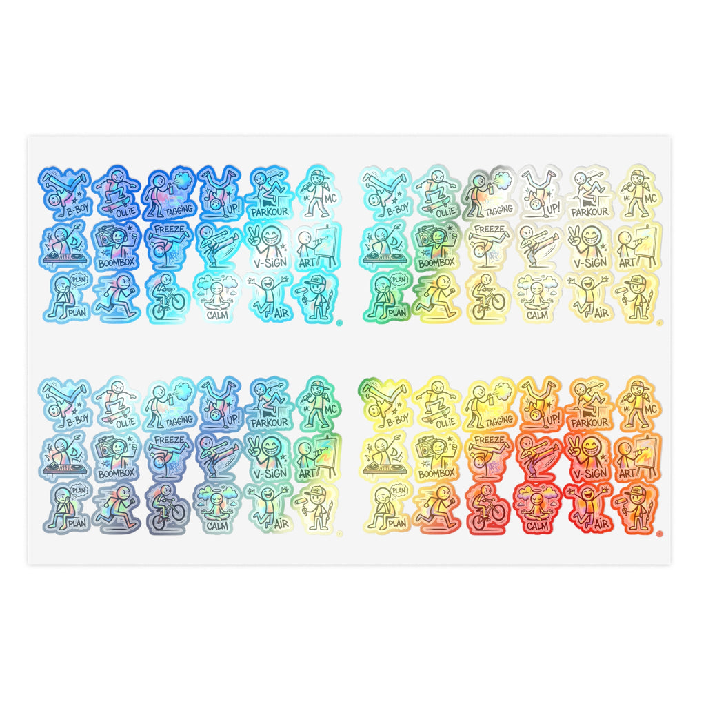 Die-cut character activity sticker sheet with small icons in varied colors