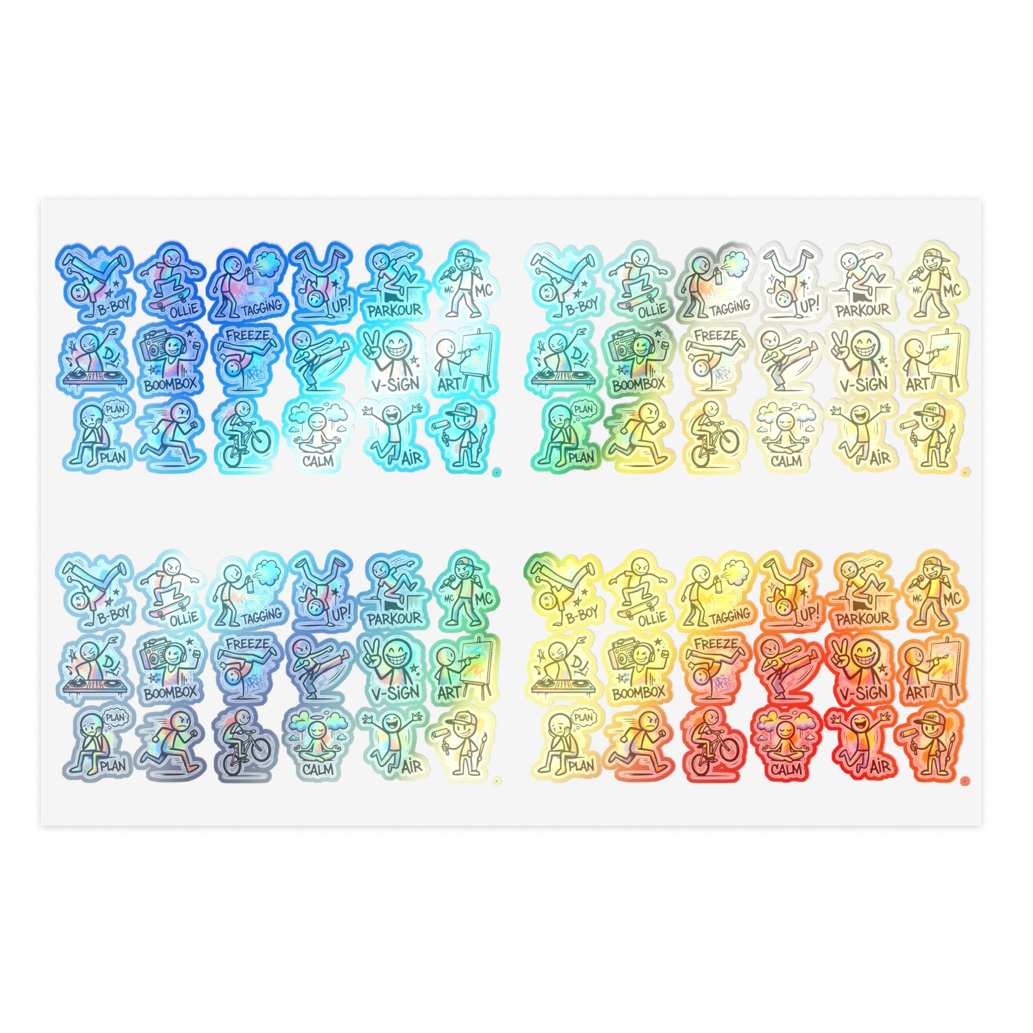 Die-cut character activity sticker sheet with small icons in varied colors