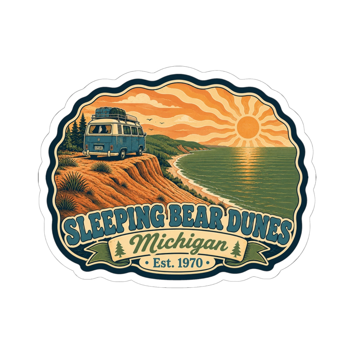 Die-cut sticker featuring camper van on dunes, lake view, sunrise, and “Est. 1970” badge