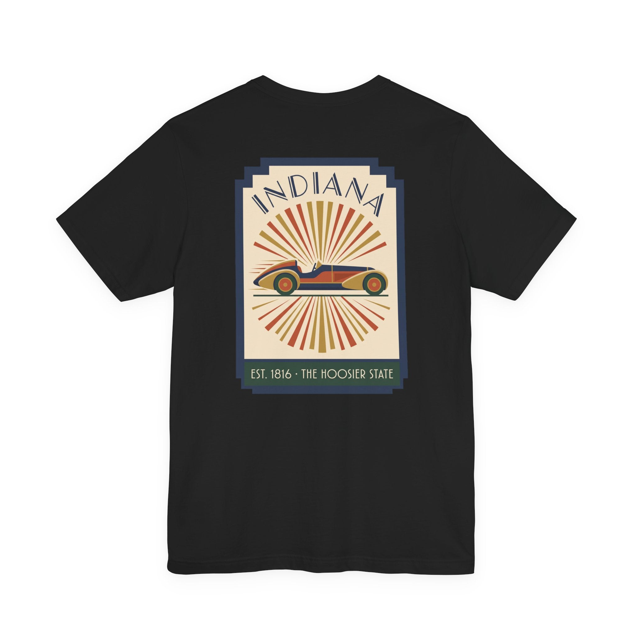 Black T-shirt with centered vintage Indiana racecar graphic in a square frame.