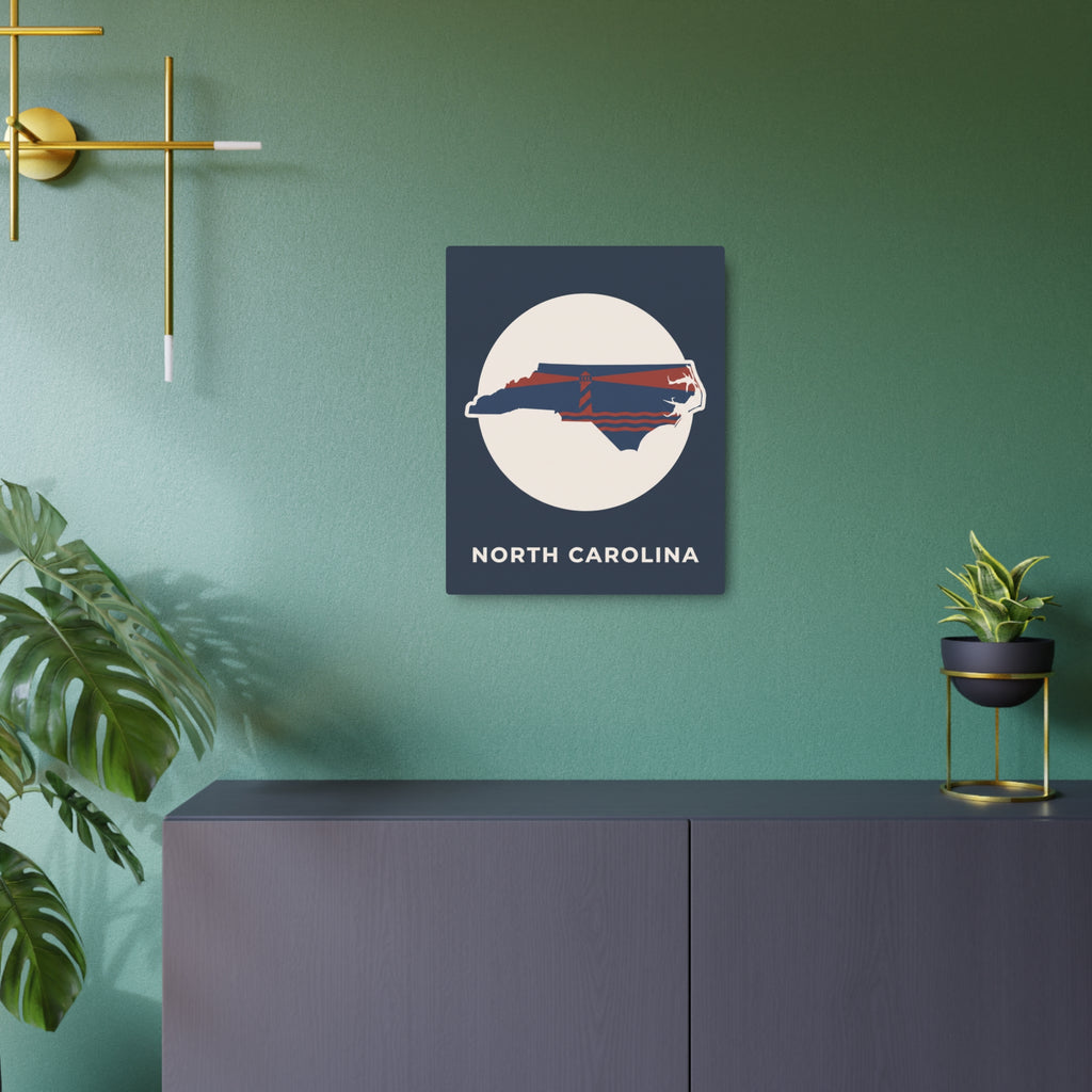 North Carolina lighthouse metal wall sign with dark square and state outline
