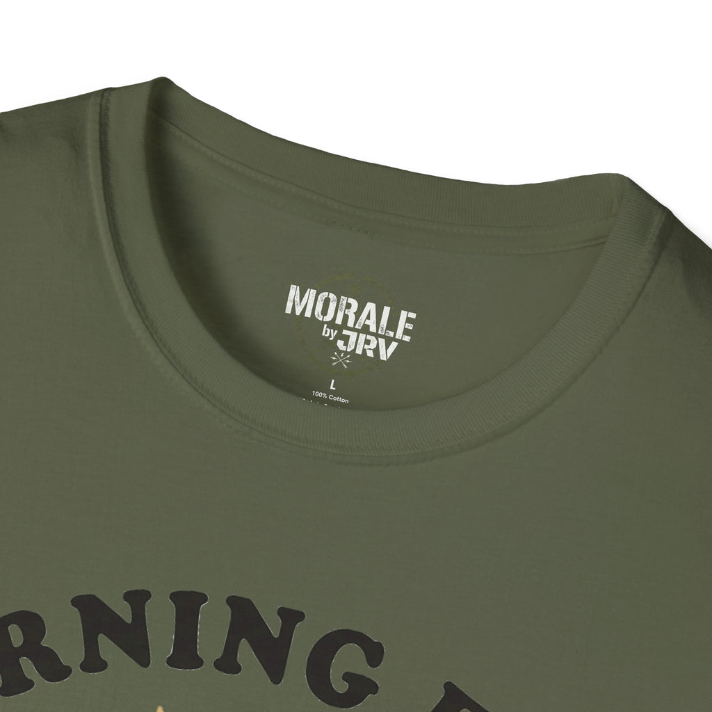 Military green T-shirt neckline with small MORAL E by JIRV graphic