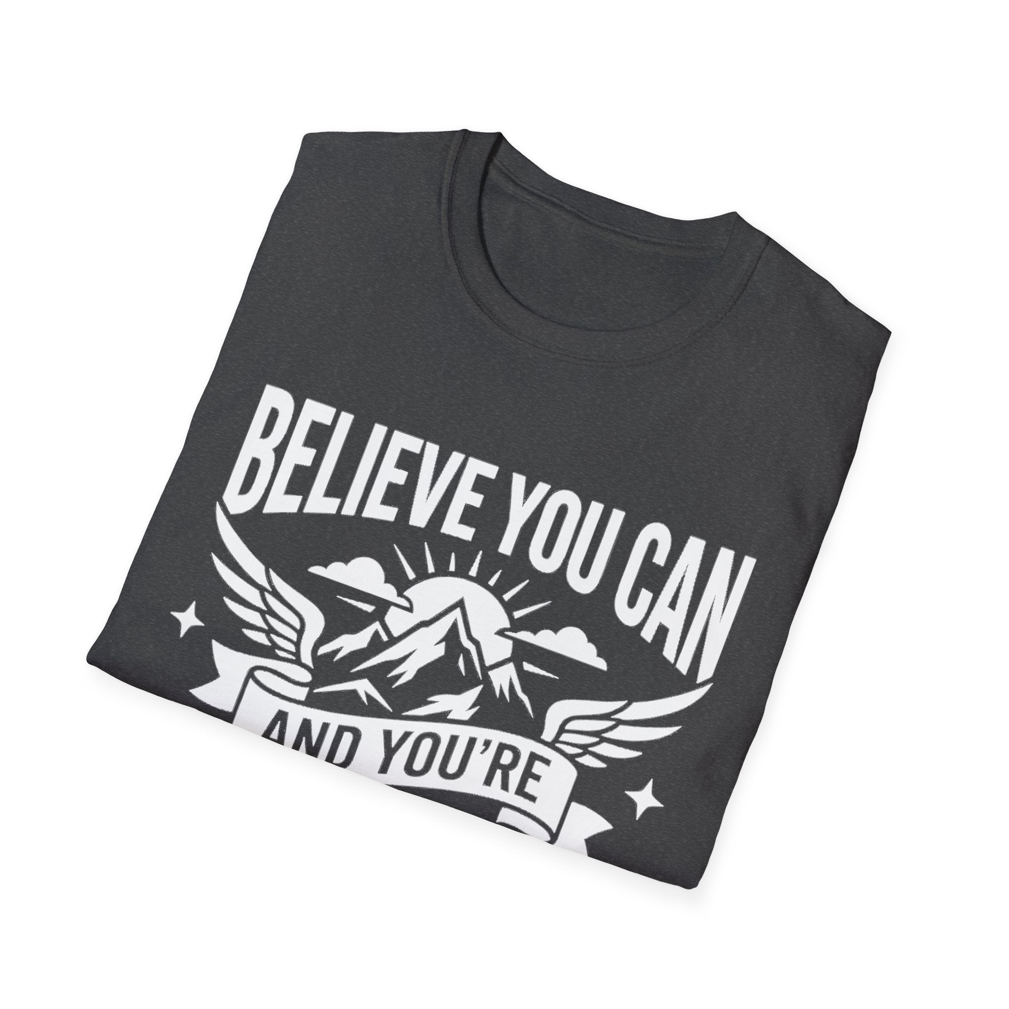 Believe You Can mountain quote T-shirt in dark heather with white graphic print.