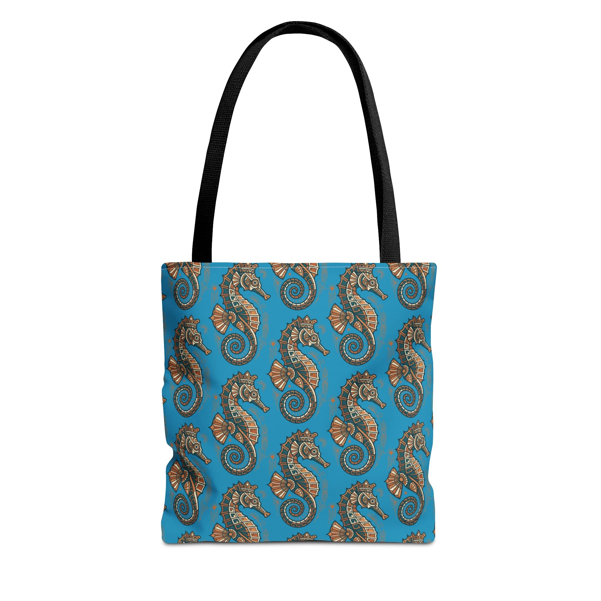 Ocean-blue tote bag with steampunk seahorse and gear all-over print, black handles