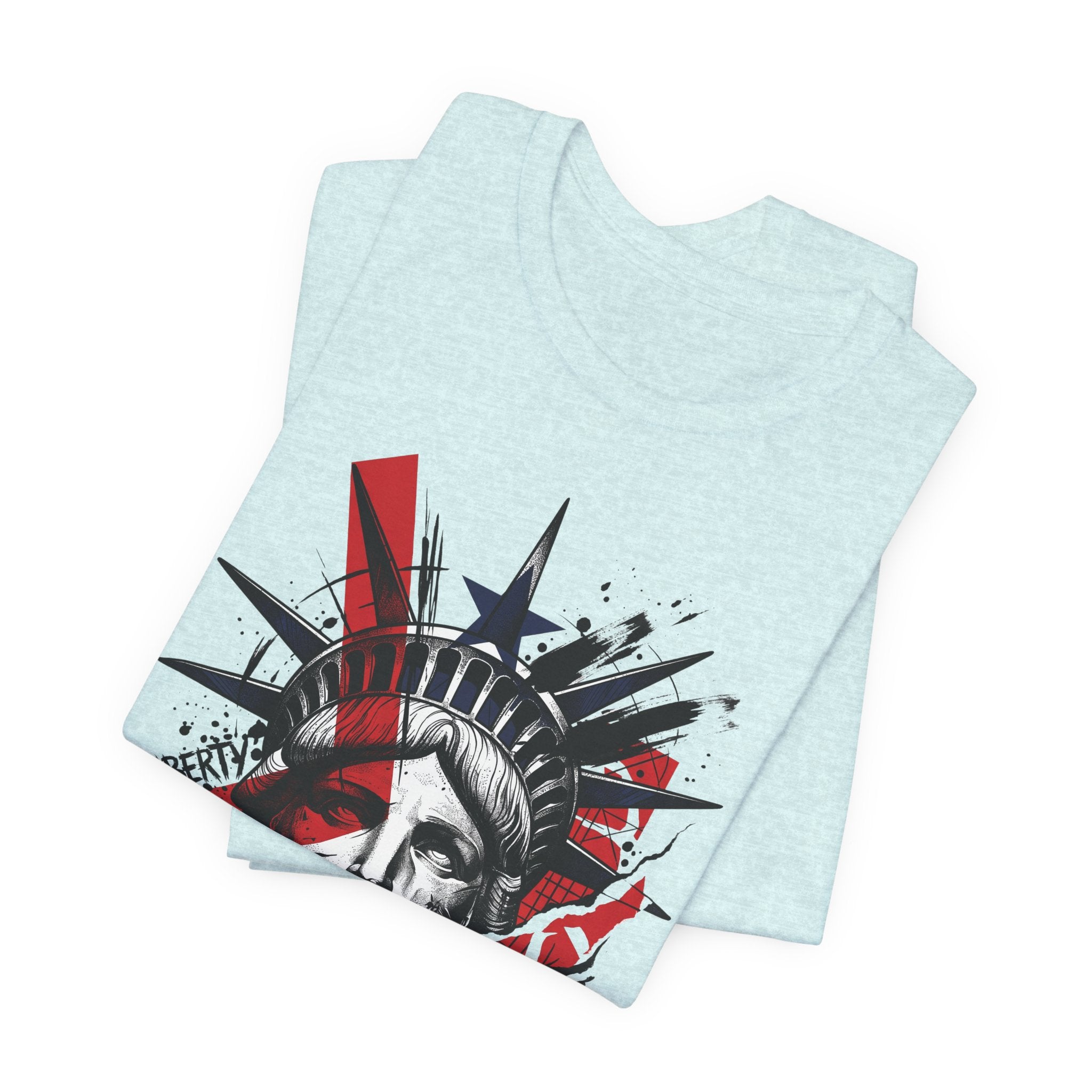 Light blue graphic T-shirt with Statue of Liberty face print in red and black