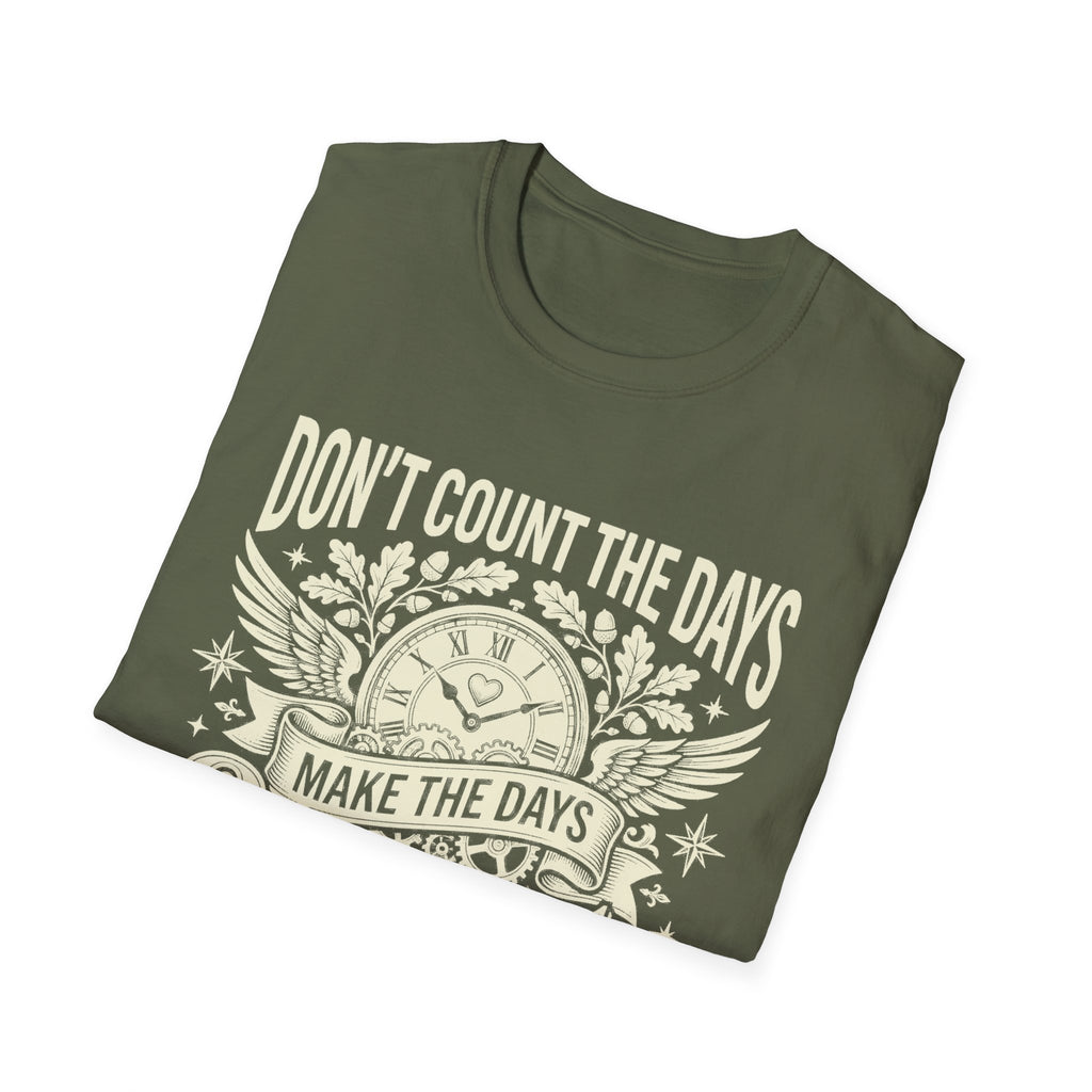 Military green T-shirt with quote graphic and clock illustration