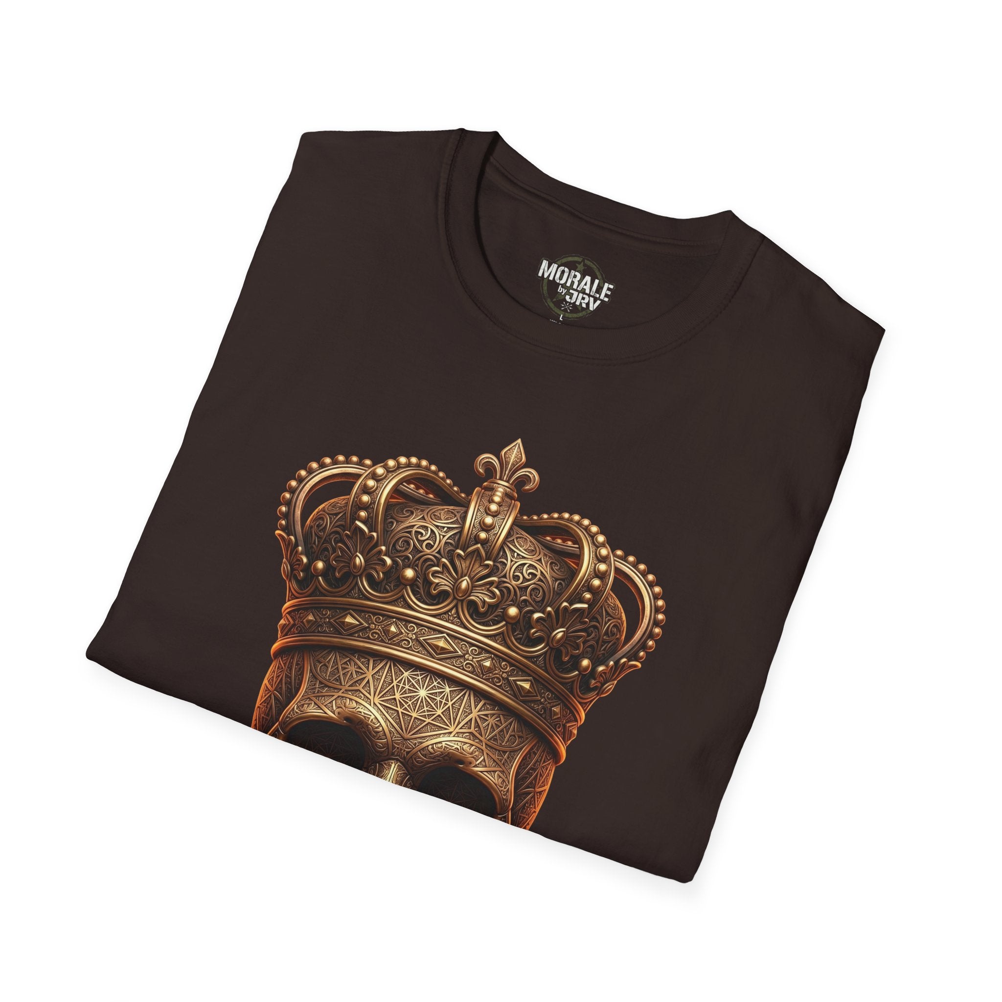 Dark chocolate gothic-style T-shirt with gold fleur-de-lis crown graphic