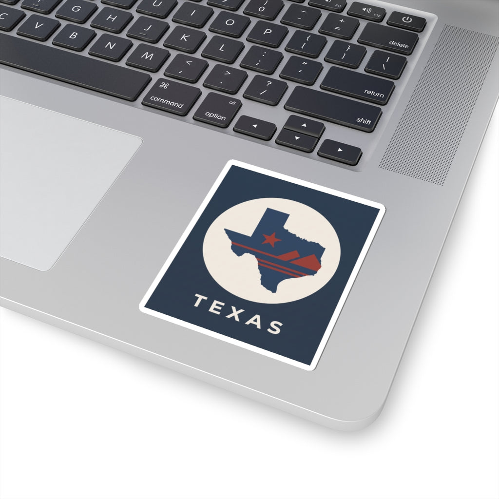 Texas map retro badge sticker on laptop keyboard, circular emblem with TEXAS lettering
