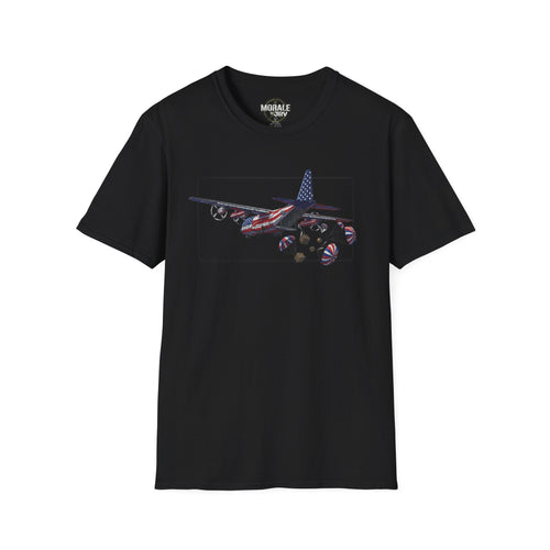 Schwarzes C-130 T‑Shirt mit Grafik von Flugzeug und Fallschirm-Paketen im Rahmen