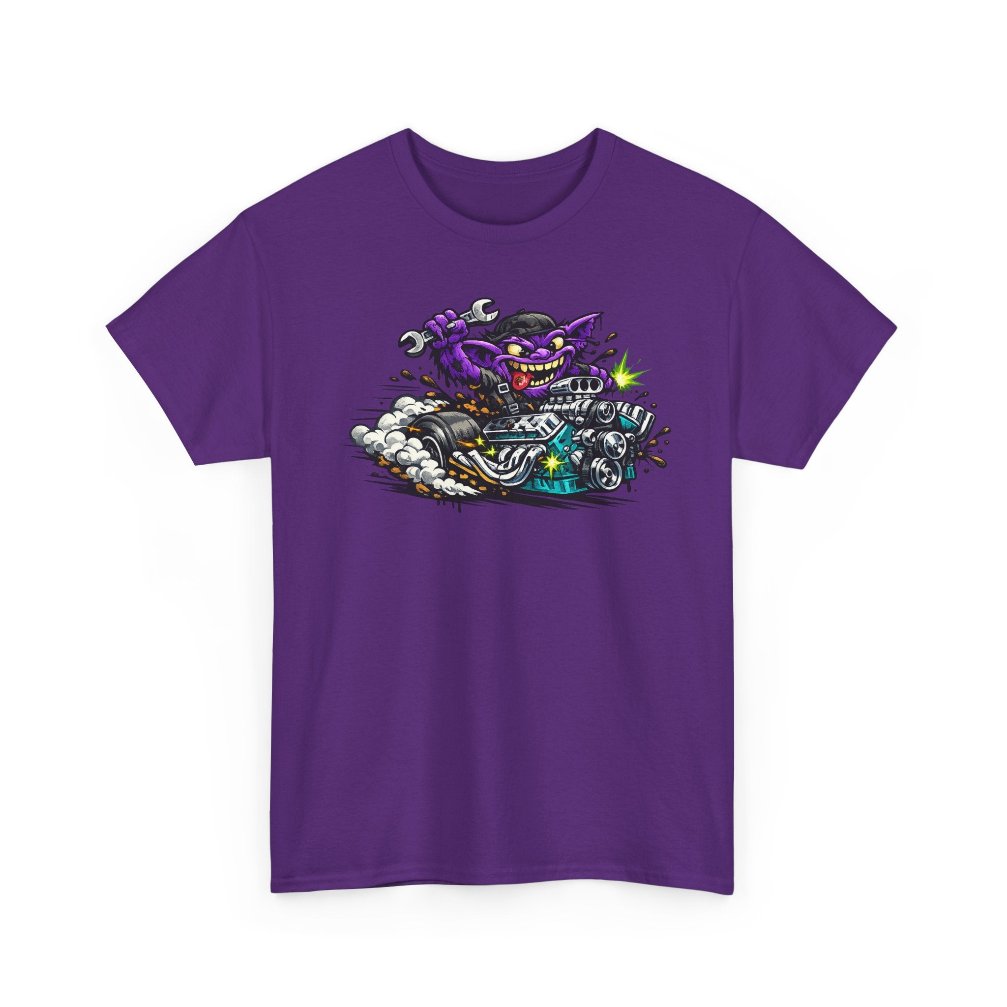 Purple Grinning Cat Biker Tee | Retro Cartoon Motorcycle Graphic T-Shirt, Unisex Streetwear Gift