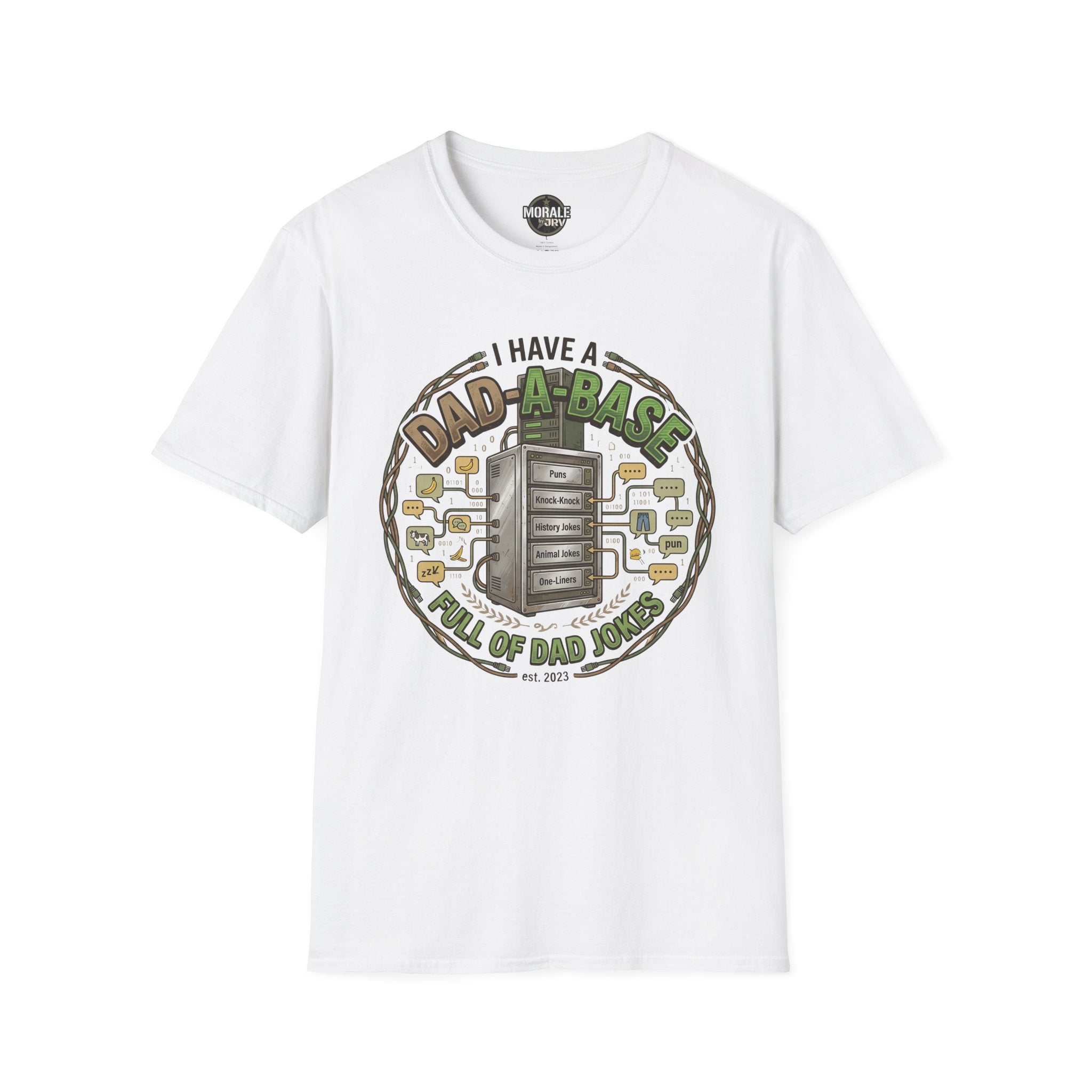White T-shirt with circular “Dad-A-Base” dad jokes graphic on front