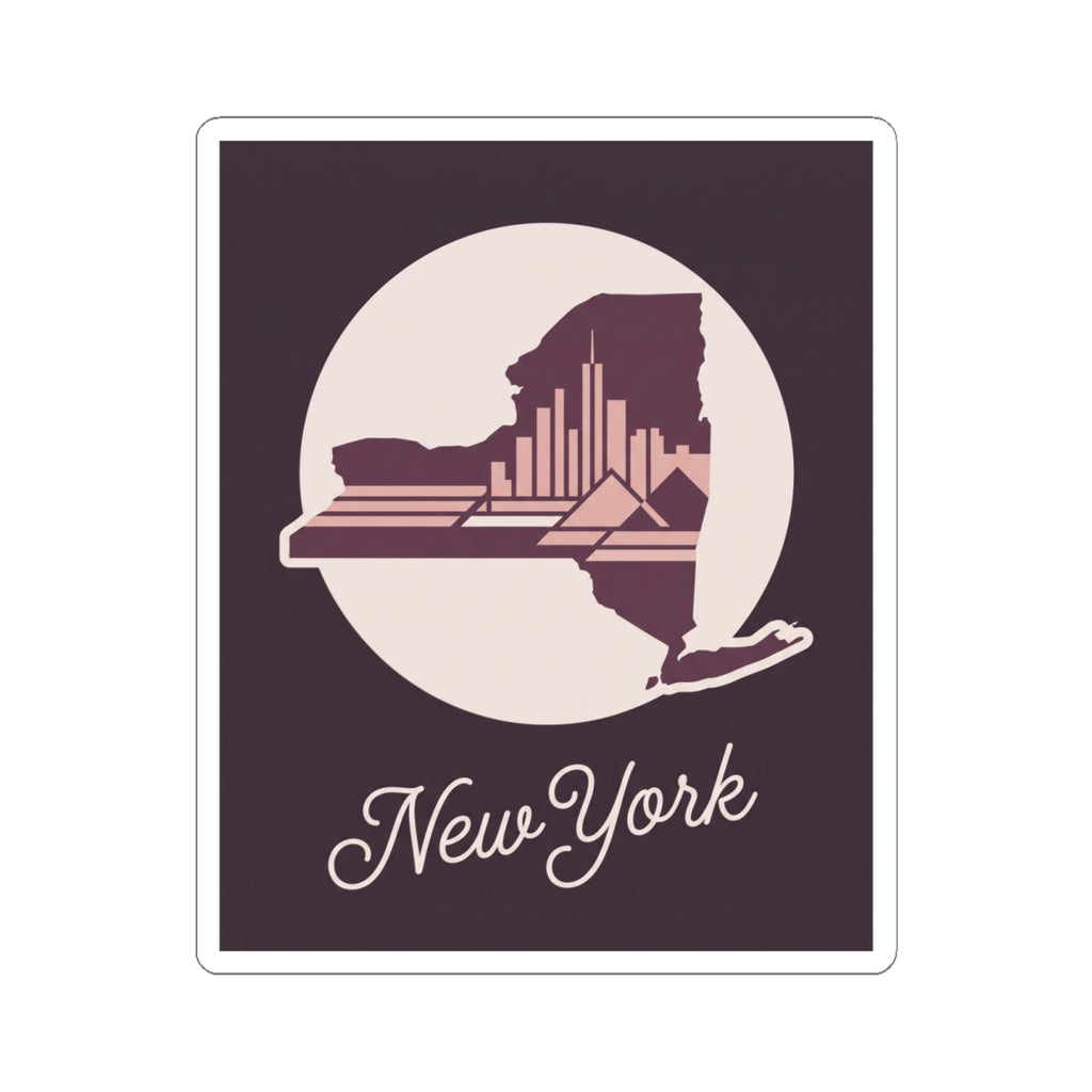 New York skyline state silhouette decal in a circle with cursive “New York” script on a dark background.