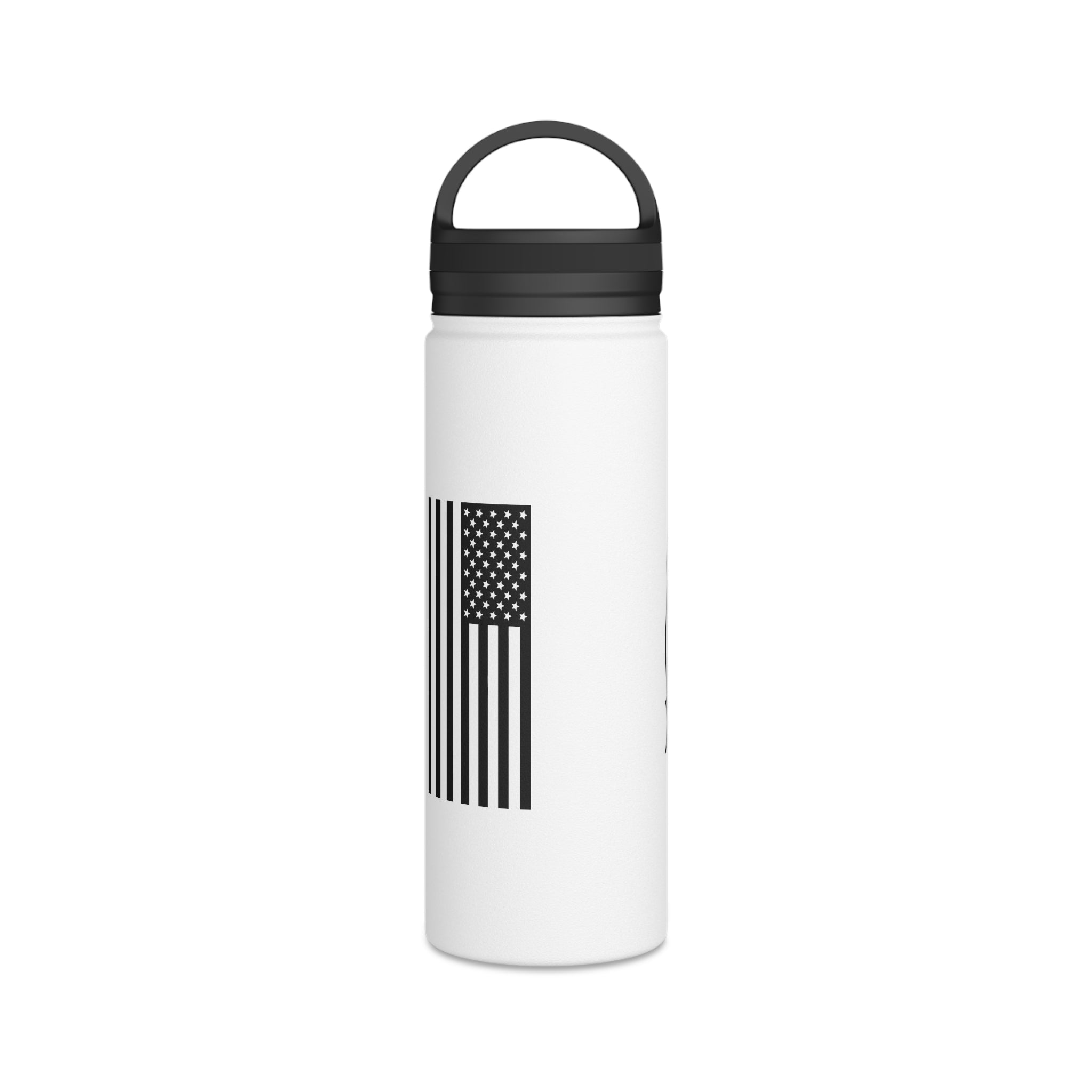 White stainless steel water bottle with black carry handle and American flag stripe graphic