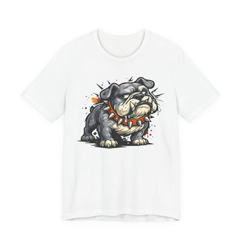 White bulldog graphic T-shirt with snarling cartoon dog illustration