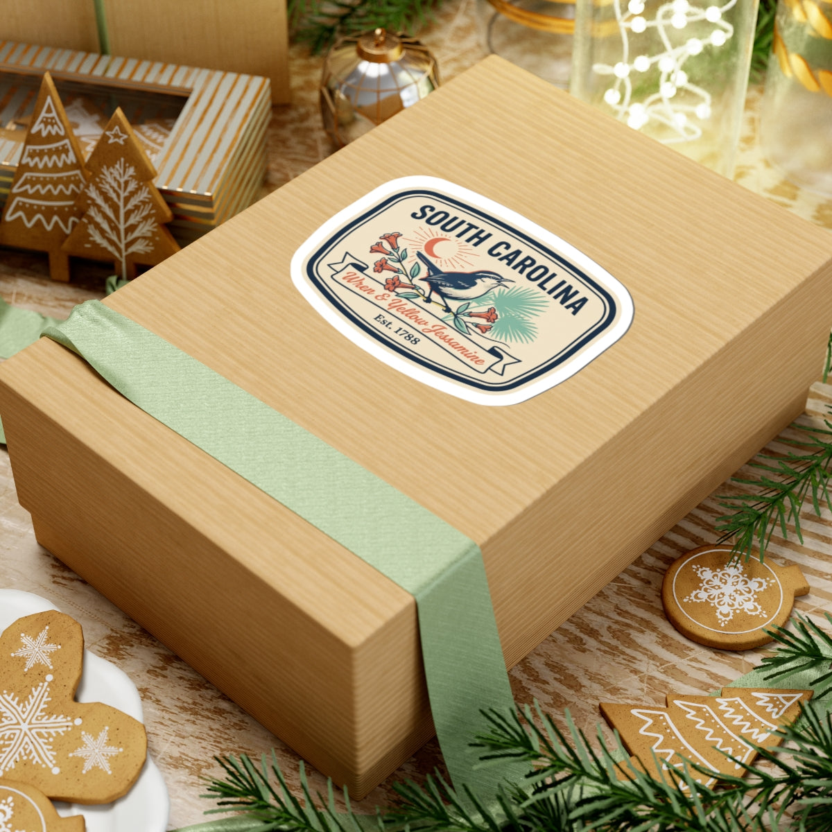 South Carolina sticker on a gift box top: wren and yellow jessamine crest, Est. 1788