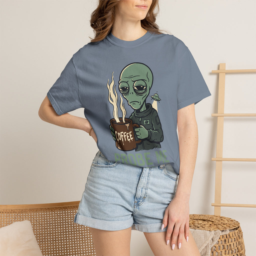 Blue alien coffee graphic t-shirt worn by model, crew neck
