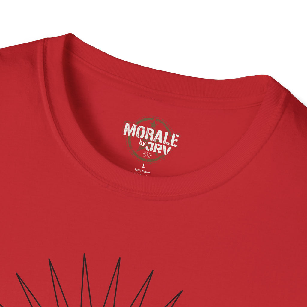 Red crewneck T-shirt: "MORALE by JRIV" chest logo