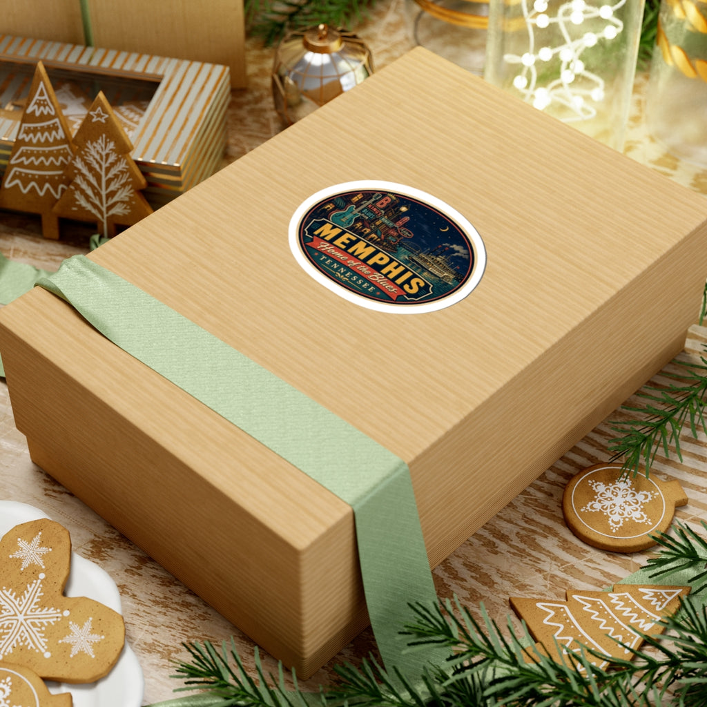 Round Memphis “Home of the Blues” Tennessee sticker on a wrapped gift box
