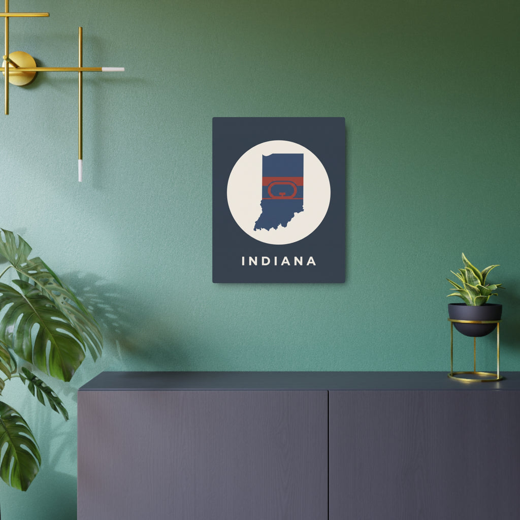 Square Indiana metal wall sign with circular hoop artwork and state outline