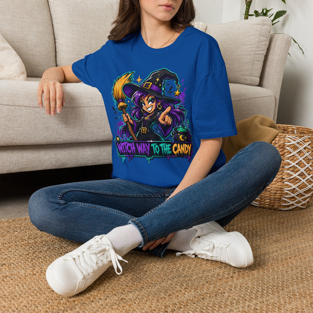 Witch Way To The Candy T-Shirt | Funny Halloween Witch Graphic Tee | Spooky Season Gift | Trick or Treat Shirt
