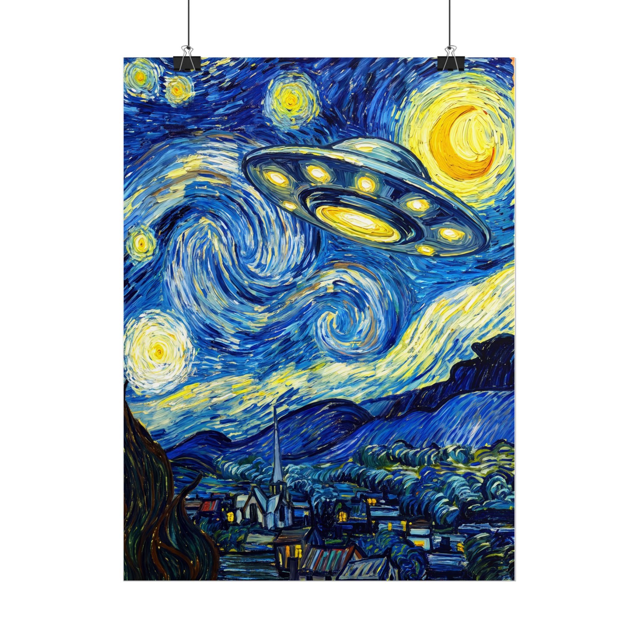 Starry space art print with a blue-and-yellow UFO hovering over swirling night sky