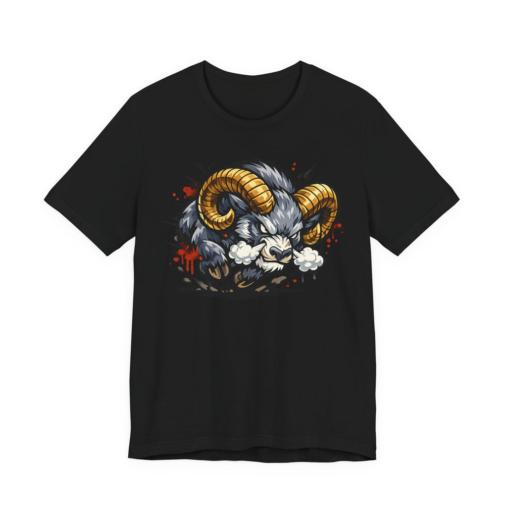Charging Ram Illustration T-Shirt | Angry Horned Animal Graphic Tee, Wild Bighorn Art Unisex Gift