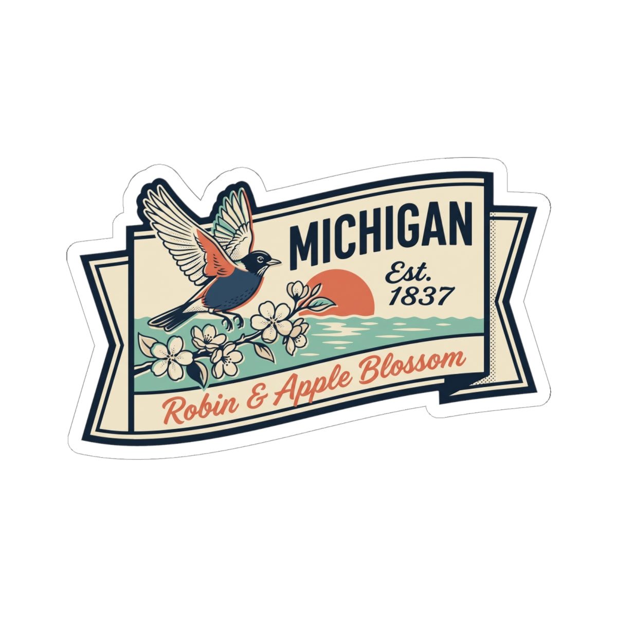 Michigan state badge decal with flying robin, blooming flowers, and “Est. 1837” text