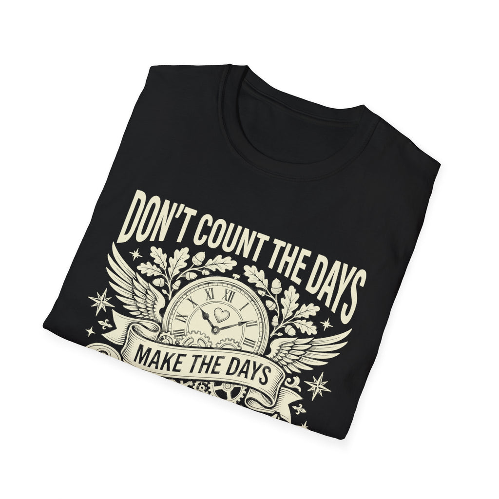 Black T-shirt angled view showing clock and “Make the days Count.” quote.