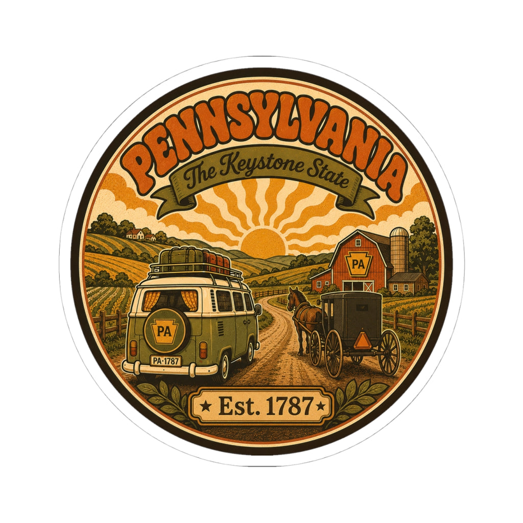 Oval Pennsylvania sticker showing vintage van and buggy scene with Keystone State banner