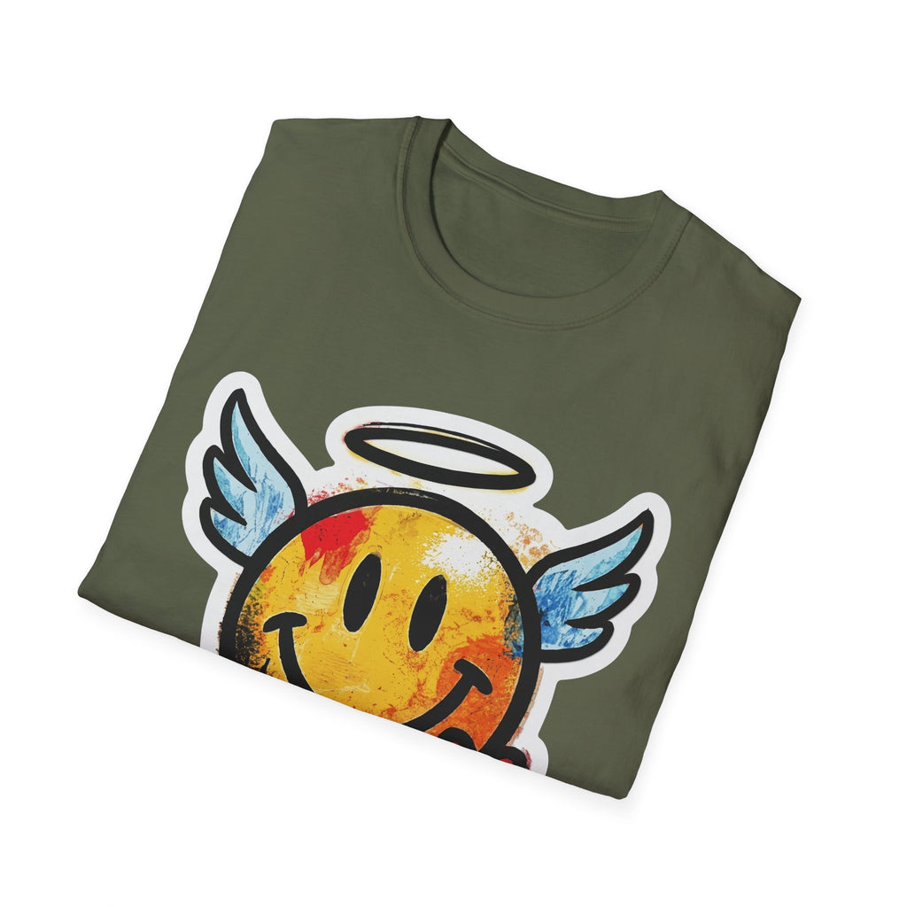Military green Graffiti Angel Smiley T-Shirt with close-up angel smiley face graphic