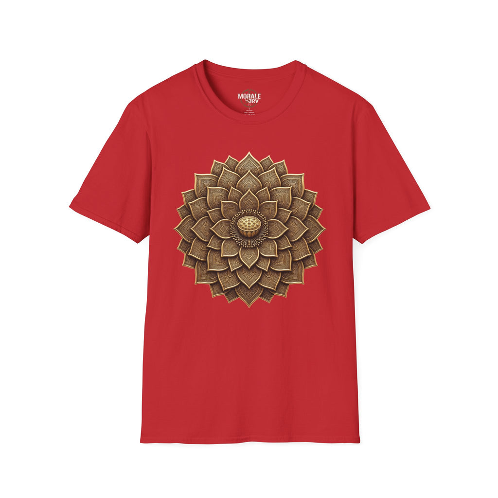 Red T-shirt with bronze geometric flower mandala sunburst front graphic
