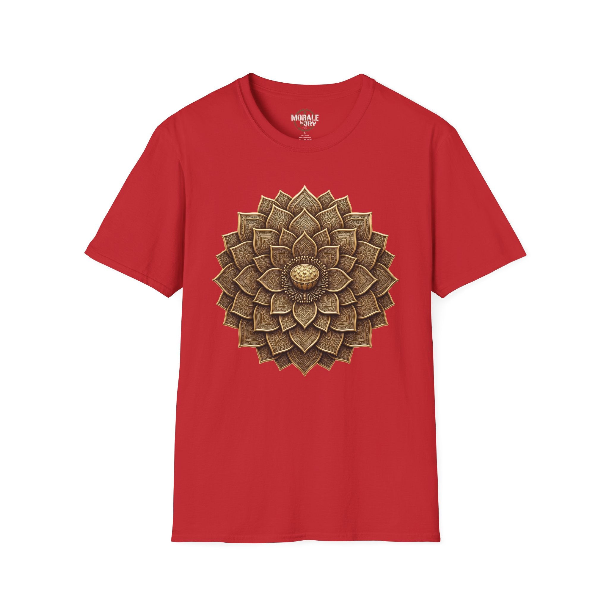 Red T-shirt with bronze geometric flower mandala sunburst front graphic