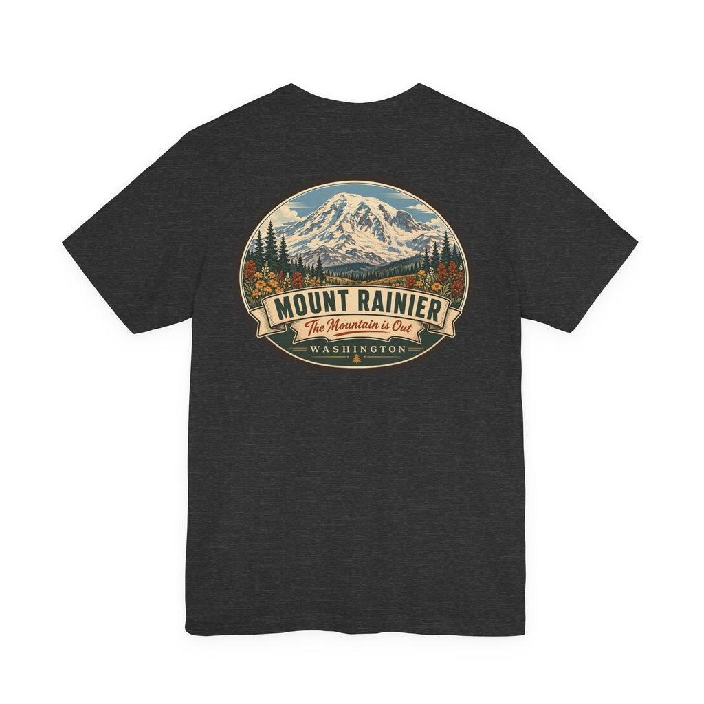 Dark heather graphic T-shirt with large circular mountain national park badge on chest.