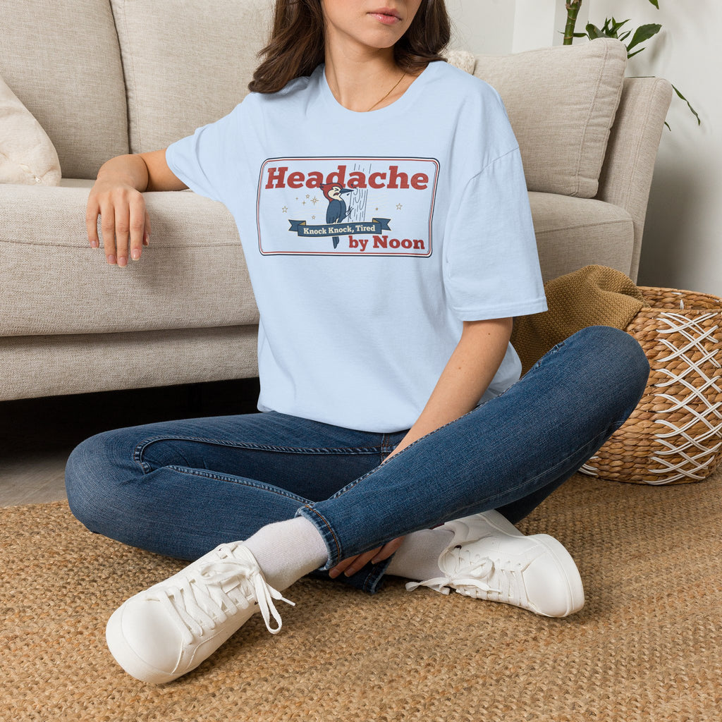 Funny Headache T-Shirt | Knock Knock Tired by Noon Retro Graphic Tee | Sarcastic Humor Gift