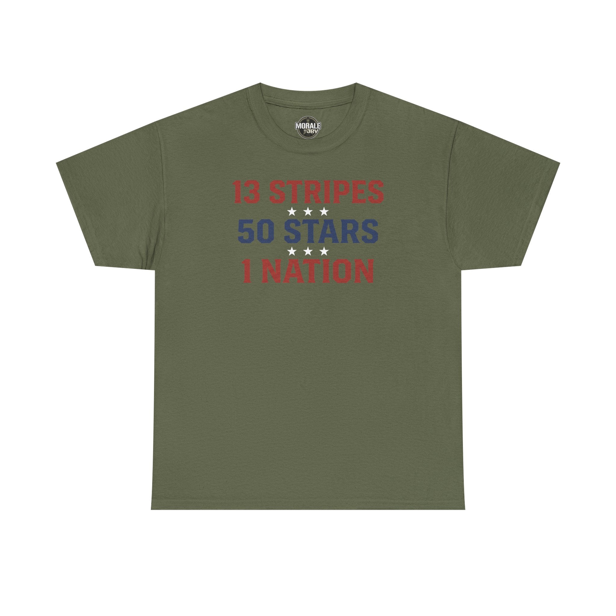Military green crewneck T-shirt, front text '13 STRIPES 50 STARS 1 NATION'