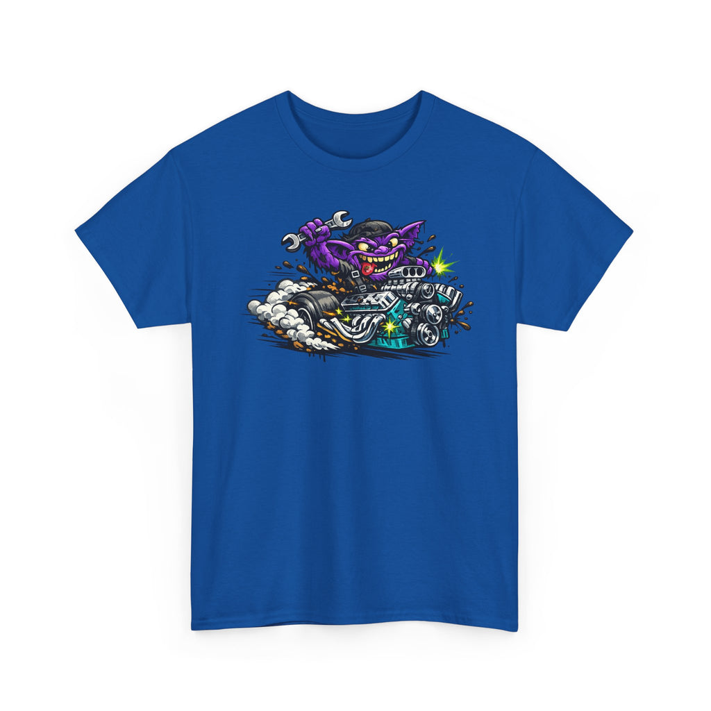 Purple Grinning Cat Biker Tee | Retro Cartoon Motorcycle Graphic T-Shirt, Unisex Streetwear Gift