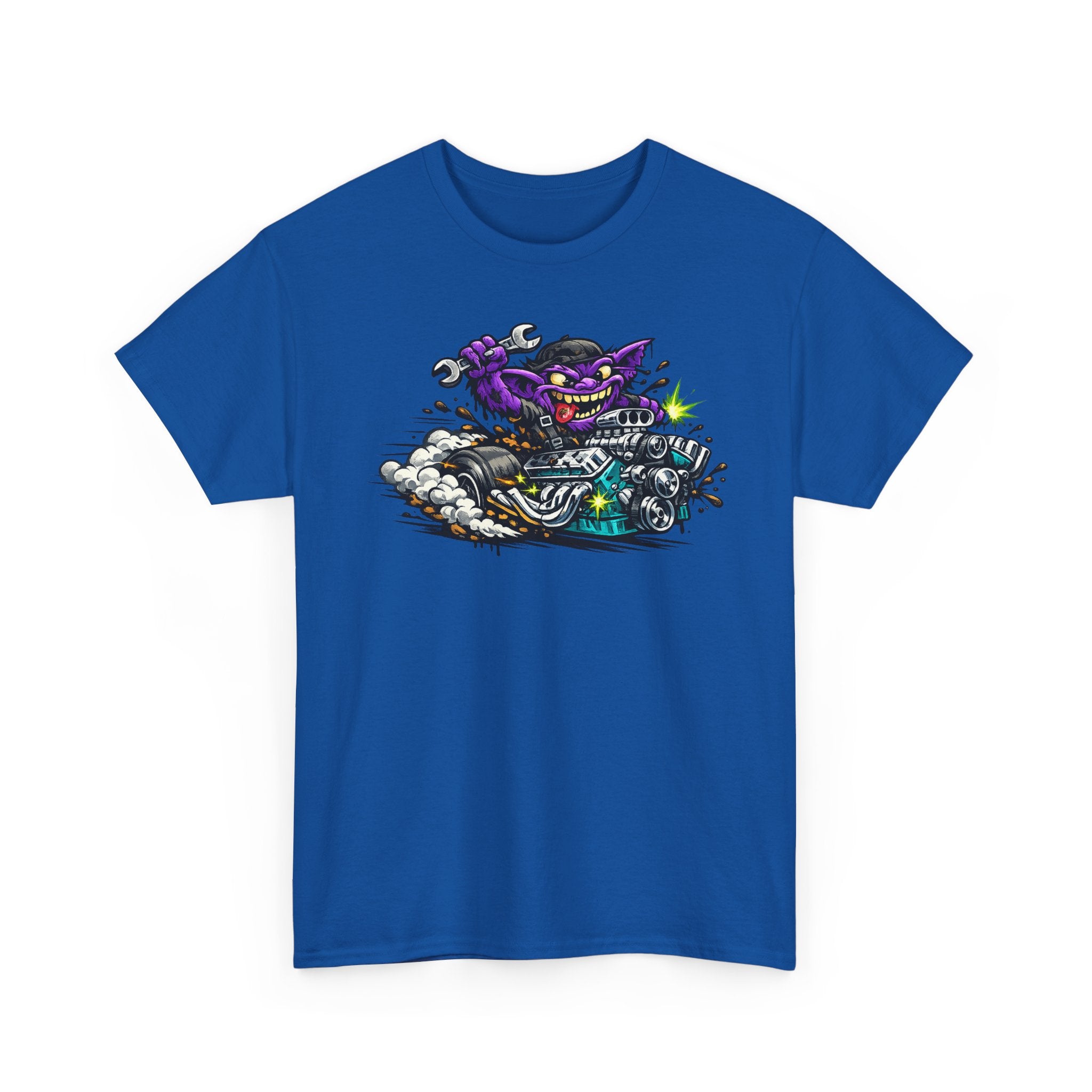 Purple Grinning Cat Biker Tee | Retro Cartoon Motorcycle Graphic T-Shirt, Unisex Streetwear Gift