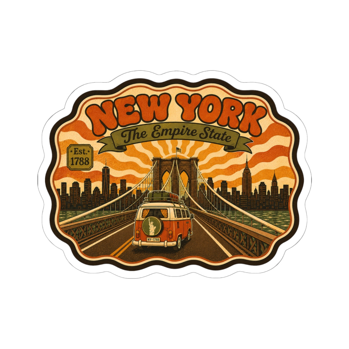 Kiss-cut vinyl sticker featuring a retro 'NEW YORK' city scene with orange camouflage pattern.