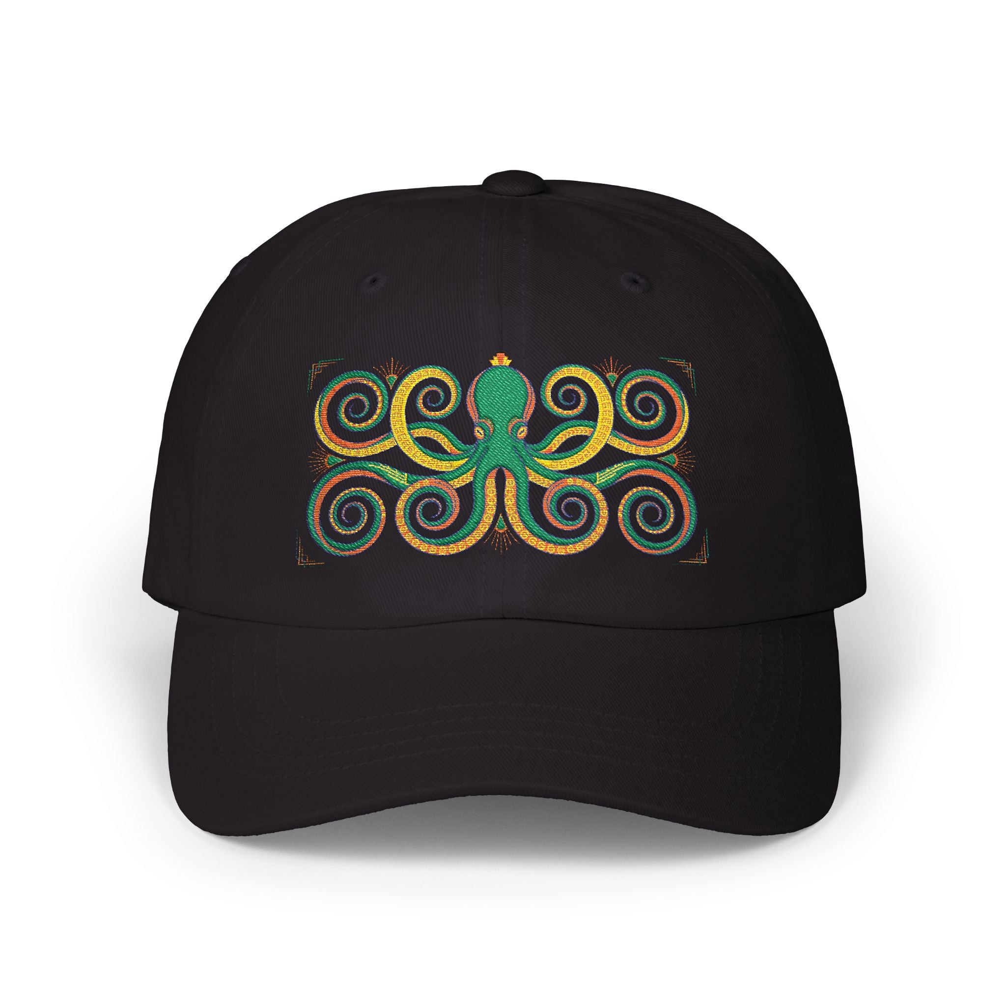 Octopus Swirl Dad Cap — Nautical Green & Gold Embroidered Baseball Hat